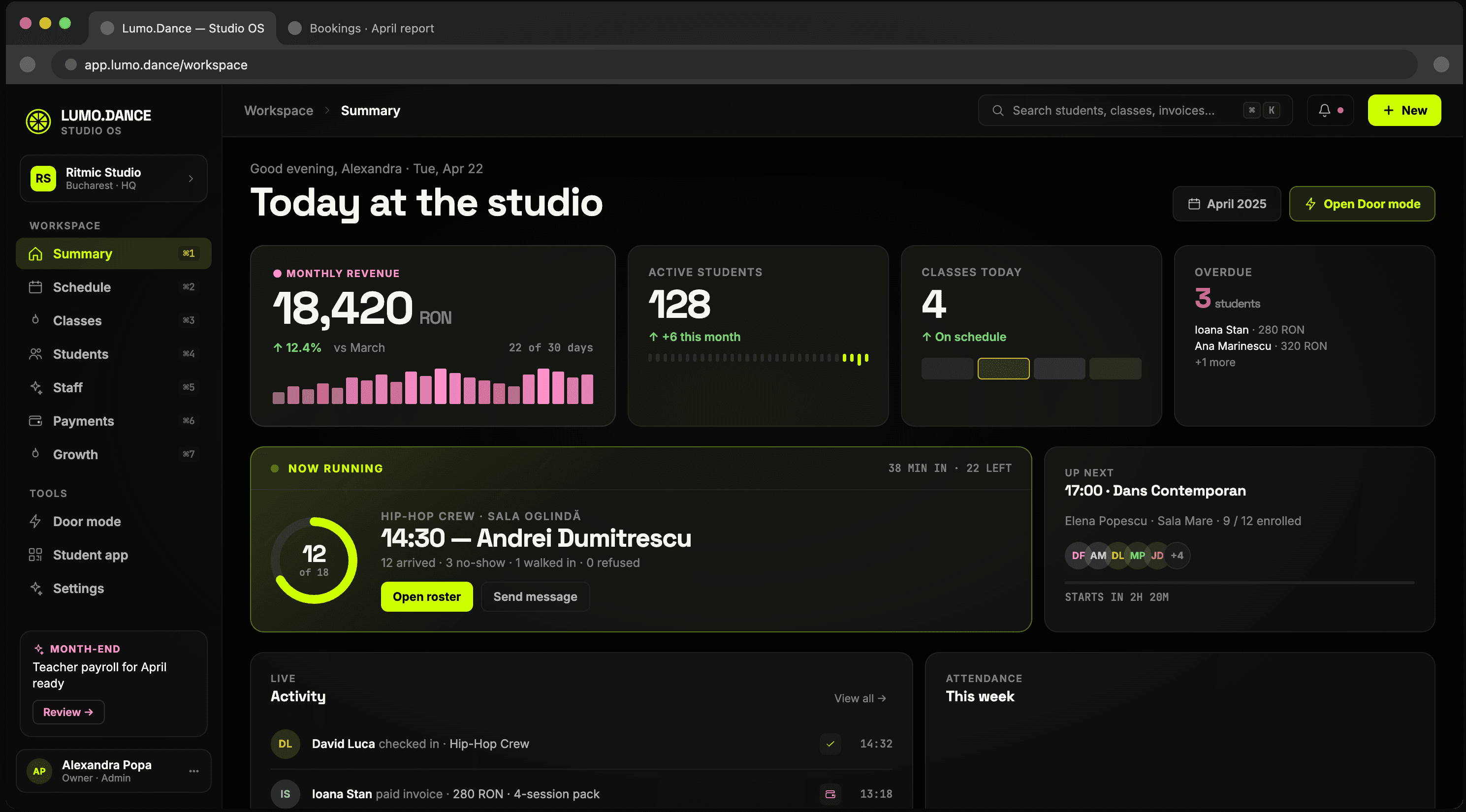 Lumo.Dance dashboard interface showing real student and class management